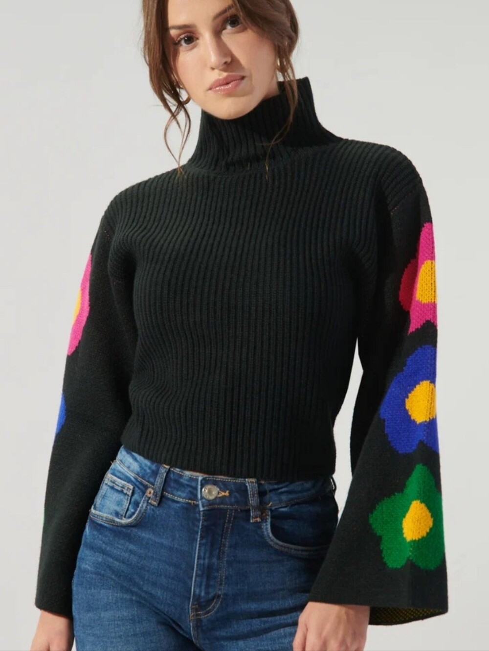 NWT Sugarlips Floral Turtleneck Sweater Wide Bell Sleeve Go Go Ribbed Pullover M